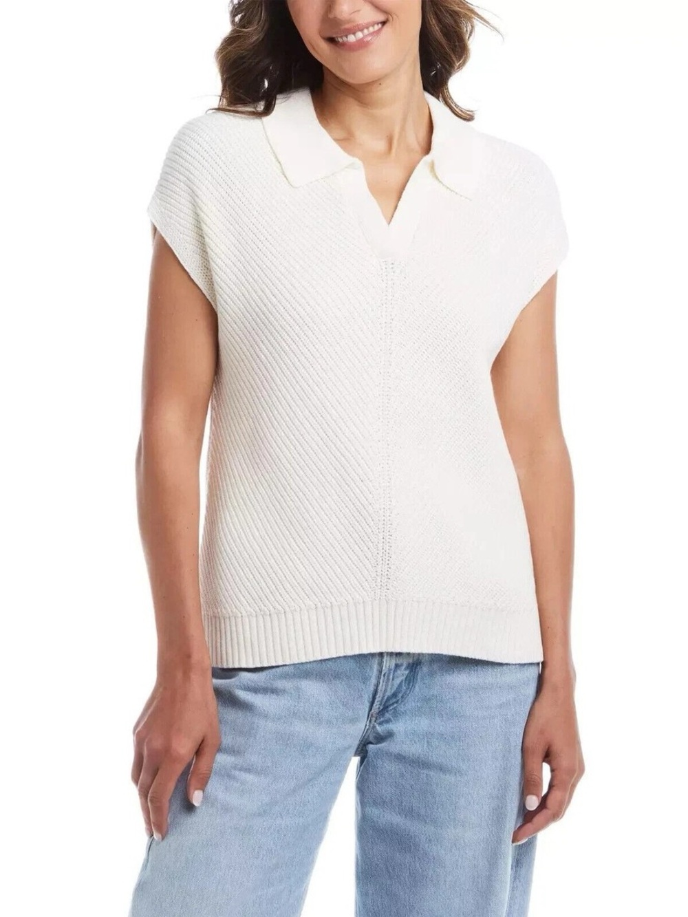 Women’s Cream Knit Short-Sleeve Polo Sweater (S)